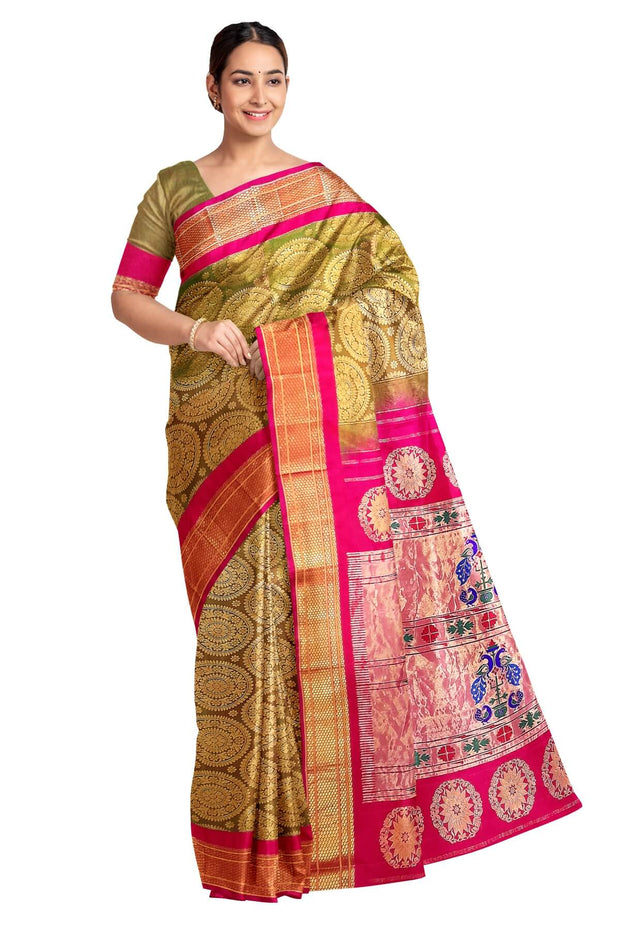 Handwoven Paithani pure silk brocade saree in olive green with round motifs and  a contrast pallu