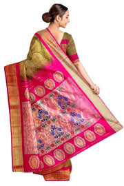Handwoven Paithani pure silk brocade saree in olive green with round motifs and  a contrast pallu
