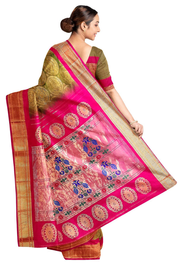 Handwoven Paithani pure silk brocade saree in olive green with round motifs and  a contrast pallu