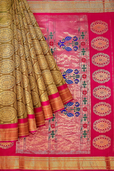 Handwoven Paithani pure silk brocade saree in olive green with round motifs and  a contrast pallu