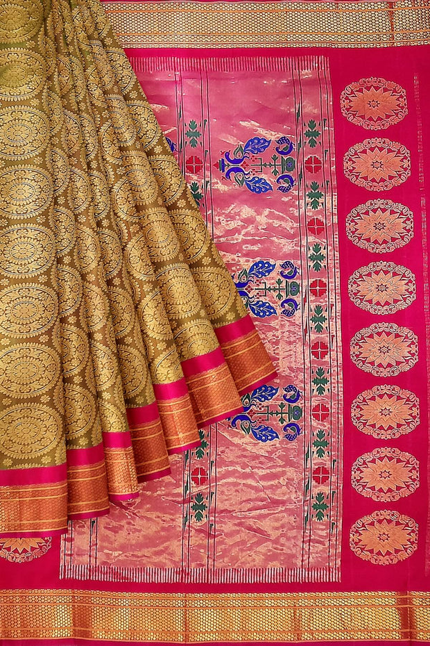 Handwoven Paithani pure silk brocade saree in olive green with round motifs and  a contrast pallu