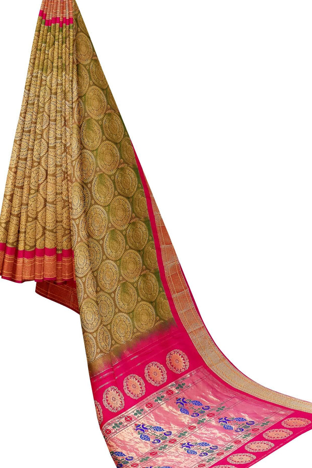 Handwoven Paithani pure silk brocade saree in olive green with round motifs and  a contrast pallu