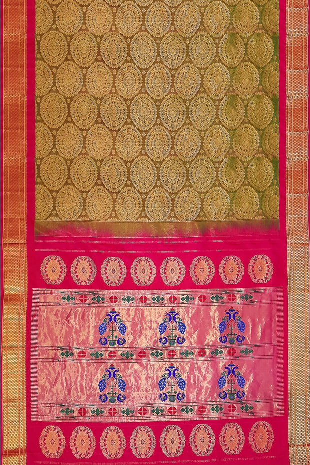 Handwoven Paithani pure silk brocade saree in olive green with round motifs and  a contrast pallu