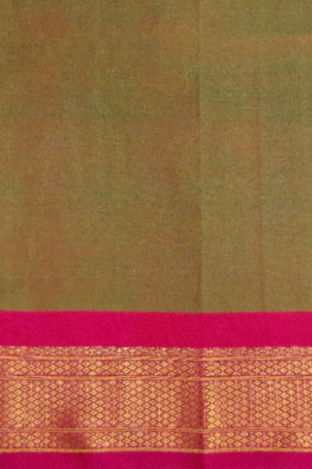 Handwoven Paithani pure silk brocade saree in olive green with round motifs and  a contrast pallu