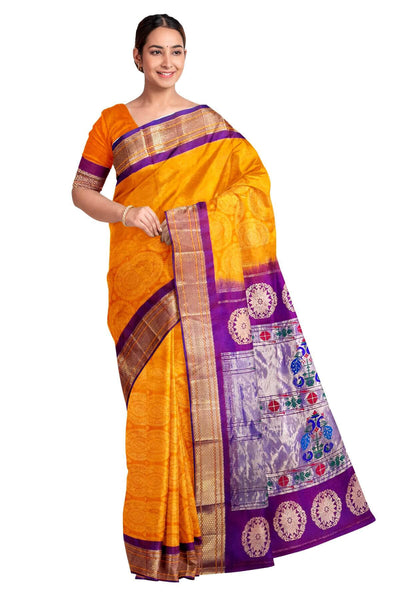 Paithani pure silk brocade saree in mustard with round motifs
