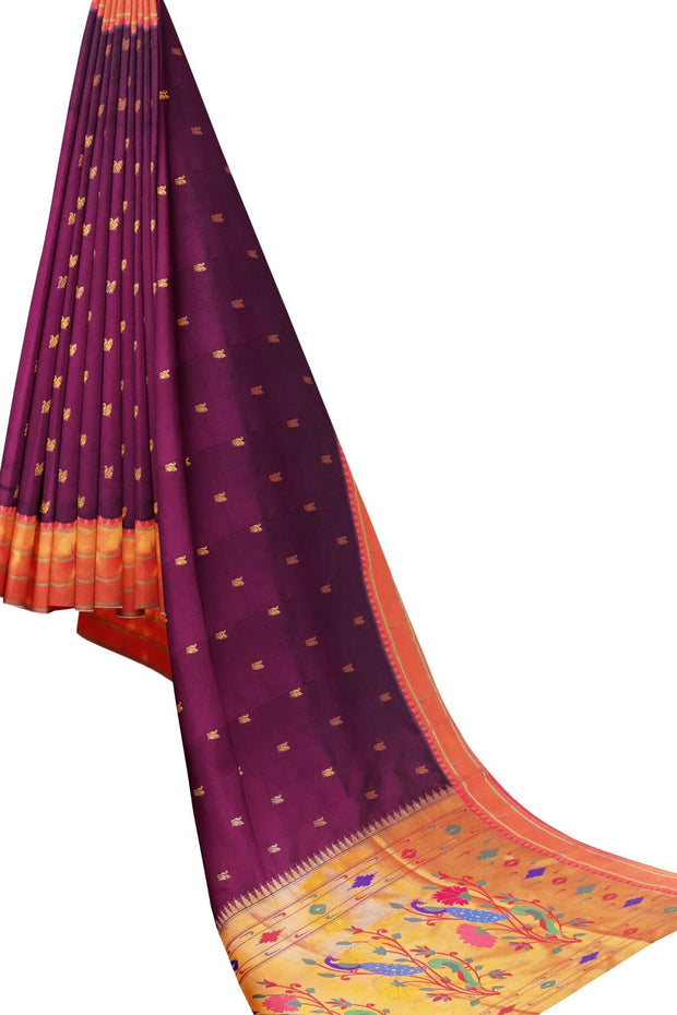 Paithani pure silk saree in purple with small  buttis all over the body.