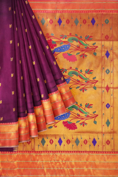 Paithani pure silk saree in purple with small  buttis all over the body.
