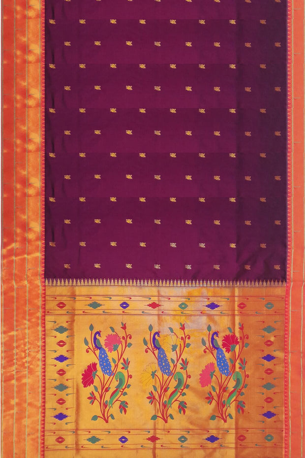 Paithani pure silk saree in purple with small  buttis all over the body.