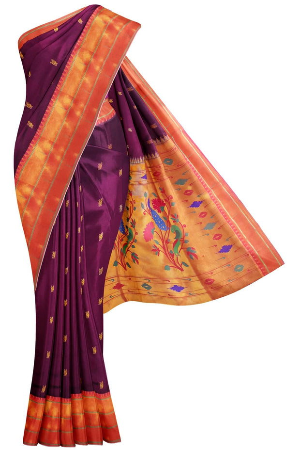 Paithani pure silk saree in purple with small  buttis all over the body.