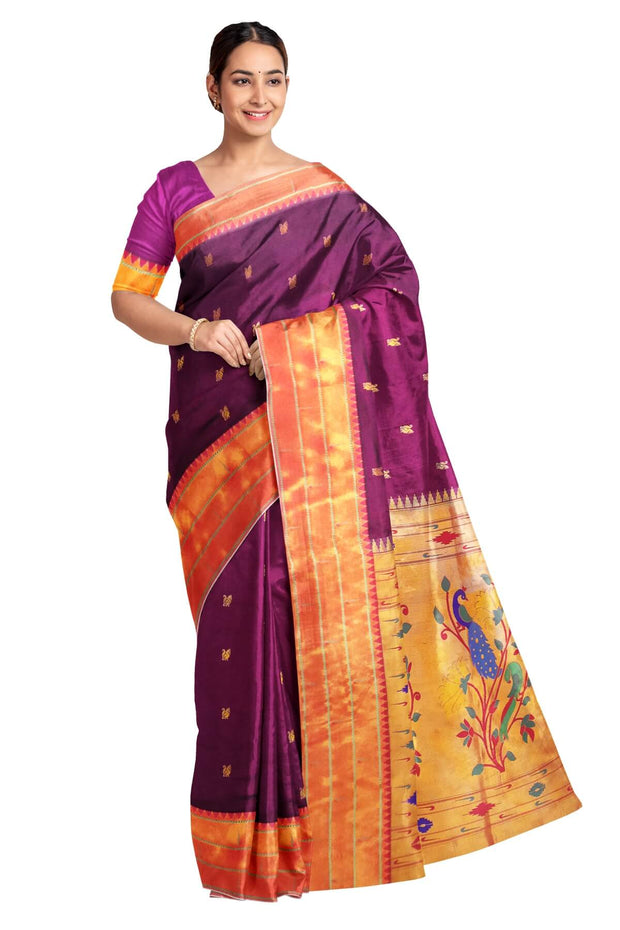 Paithani pure silk saree in purple with small  buttis all over the body.