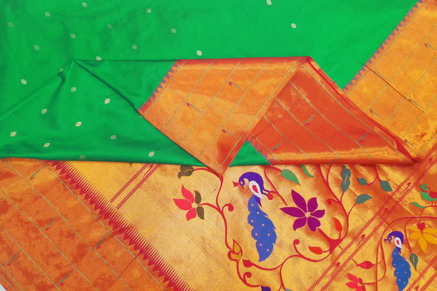 Paithani pure silk saree in green with small buttis all over the body