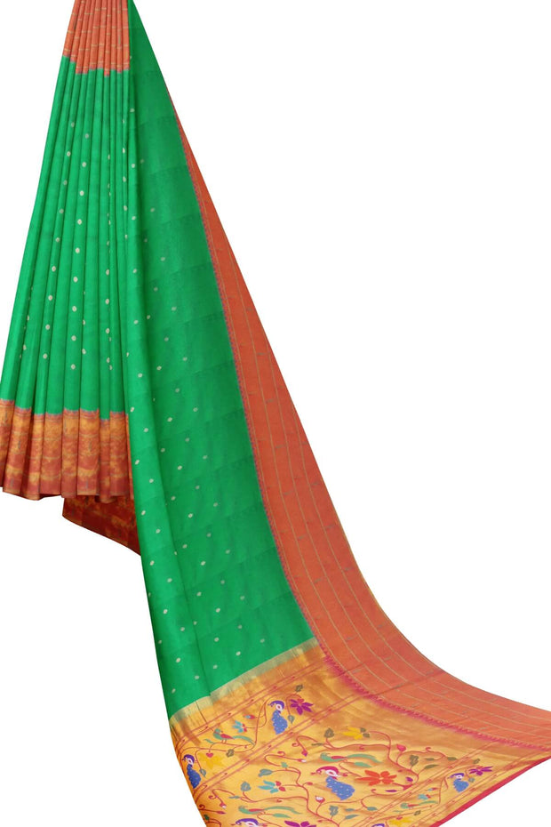 Paithani pure silk saree in green with small buttis all over the body