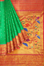 Paithani pure silk saree in green with small buttis all over the body