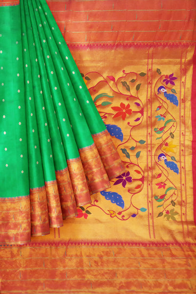 Paithani pure silk saree in green with small buttis all over the body