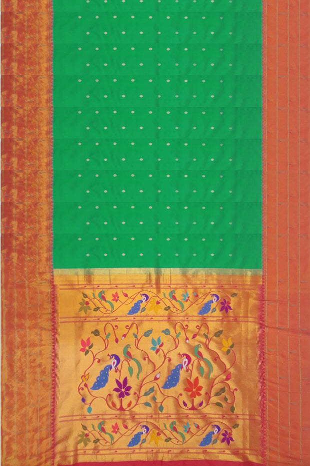 Paithani pure silk saree in green with small buttis all over the body