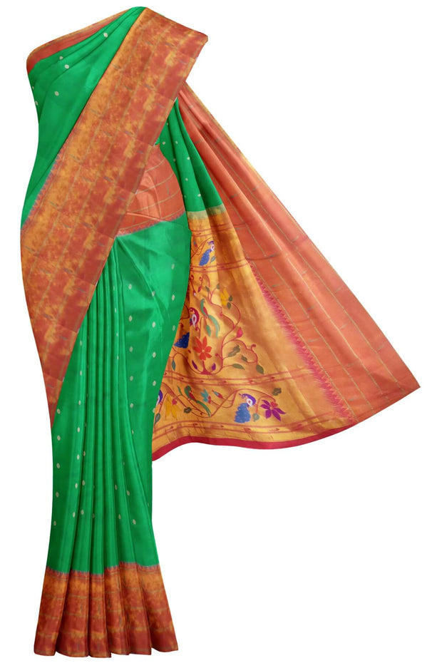 Paithani pure silk saree in green with small buttis all over the body
