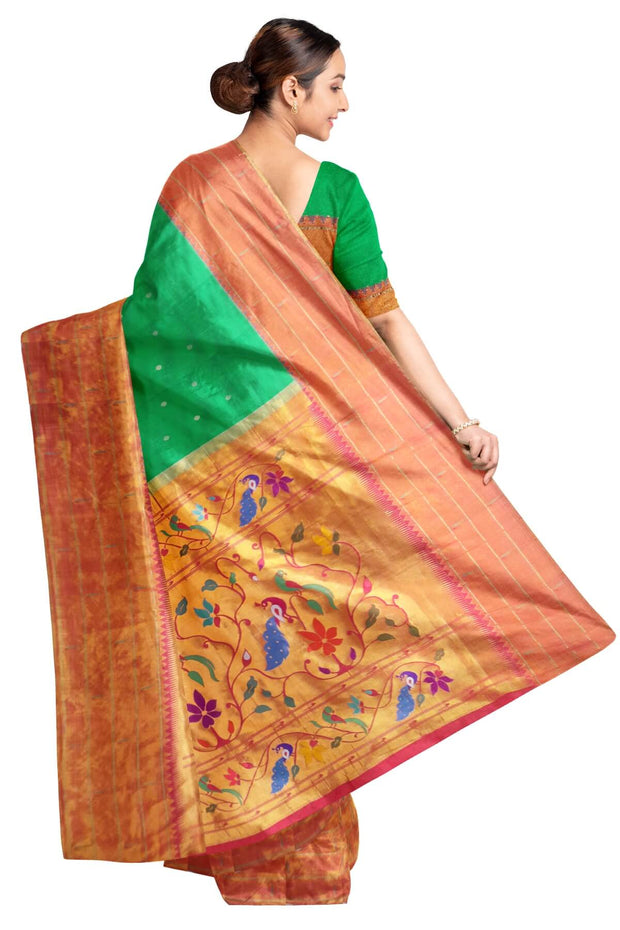 Paithani pure silk saree in green with small buttis all over the body