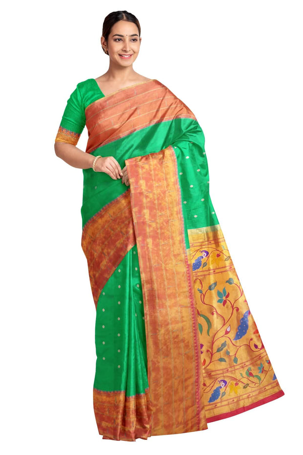 Paithani pure silk saree in green with small buttis all over the body