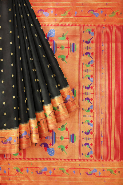 Paithani pure silk saree in black  with small buttis all over the body