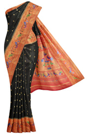 Paithani pure silk saree in black  with small buttis all over the body