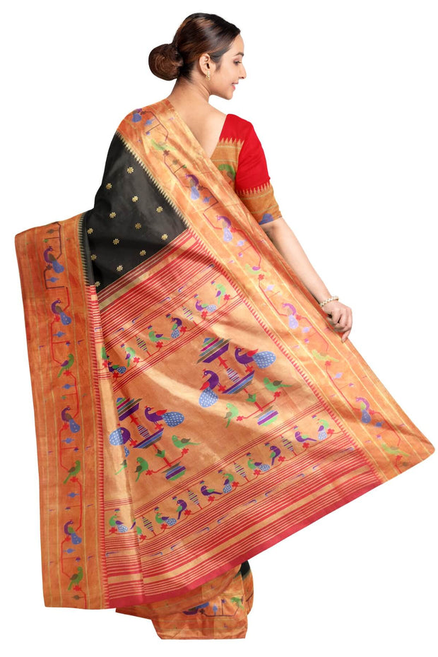 Paithani pure silk saree in black  with small buttis all over the body and with colourful parrot &  peacock  motifs in  pallu.
