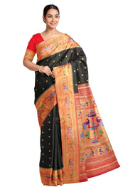 Paithani pure silk saree in black  with small buttis all over the body and with colourful parrot &  peacock  motifs in  pallu.