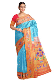 Paithani pure silk saree in sky blue  with small buttis all over the body and with colourful parrot &  peacock  motifs in  pallu.