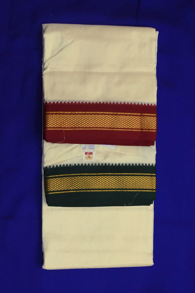 Pure silk Dhoti /Panche  and Angavastram/Shalye  in off white  with 3 inch Ganga Jamuna  border