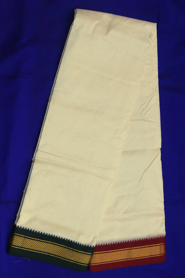 Pure silk Dhoti /Panche  and Angavastram/Shalye  in off white  with 3 inch Ganga Jamuna  border