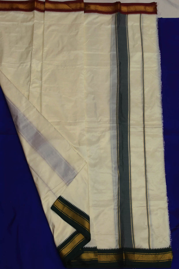 Pure silk Dhoti /Panche  and Angavastram/Shalye  in off white  with 3 inch Ganga Jamuna  border