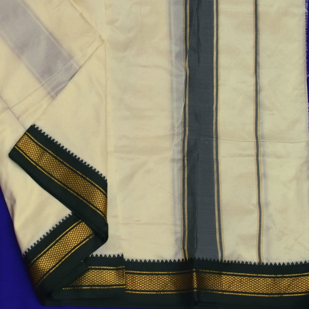 Pure silk Dhoti /Panche  and Angavastram/Shalye  in off white  with 3 inch Ganga Jamuna  border