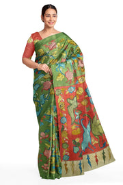 Handrawn hand painted pen kalamkari pure silk saree in green with flora & fauna  and animal motifs in pallu