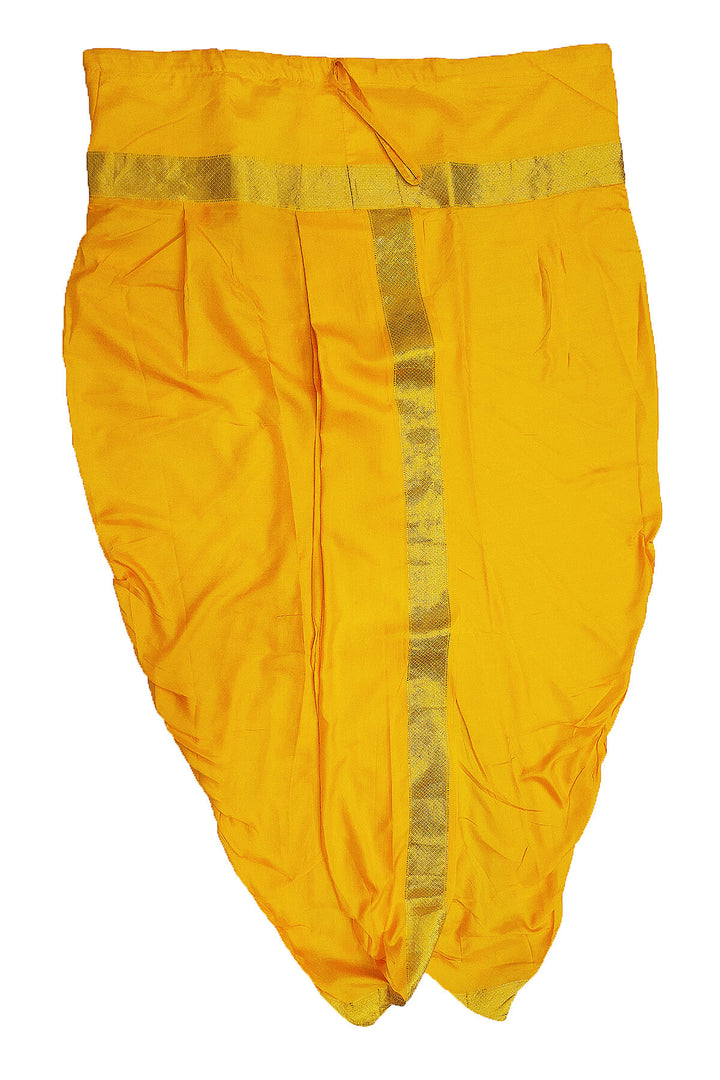 Ready to wear pure silk Dhoti/Panche  with Angavastram/Shelya  in yellow with  2 inch gold border