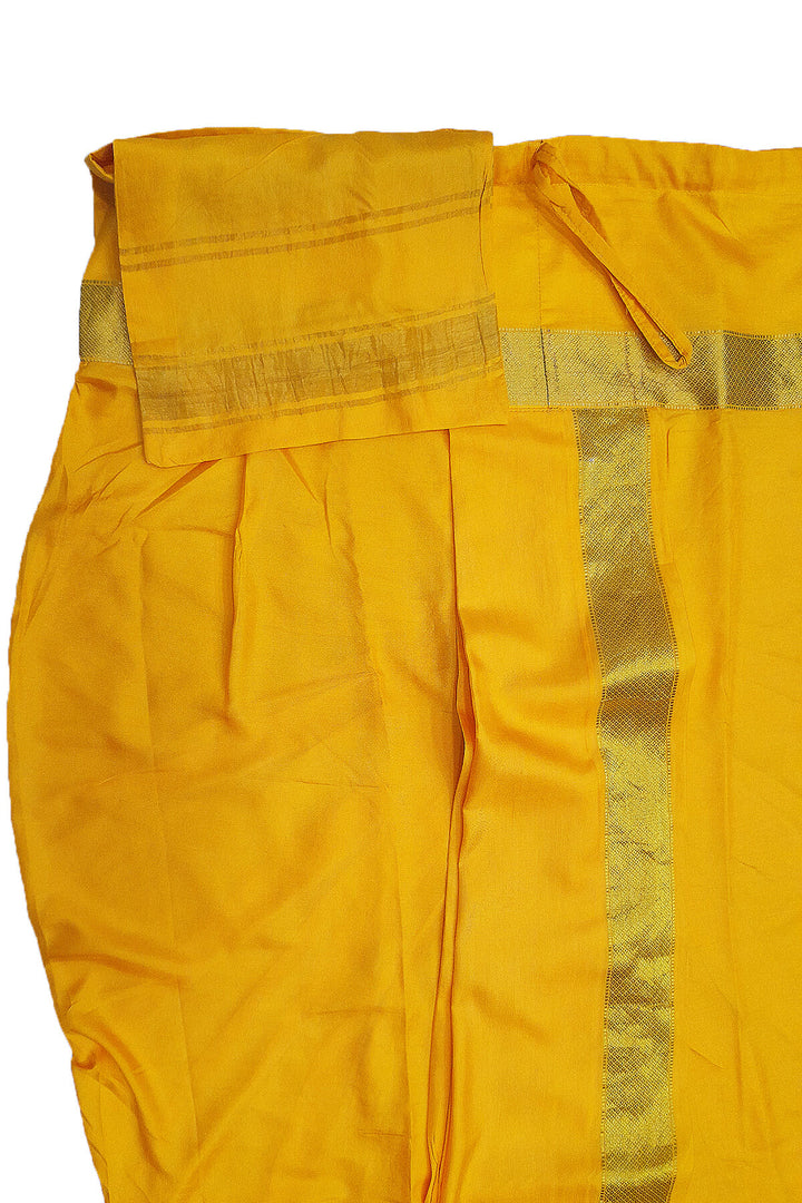 Ready to wear pure silk Dhoti/Panche  with Angavastram/Shelya  in yellow with  2 inch gold border