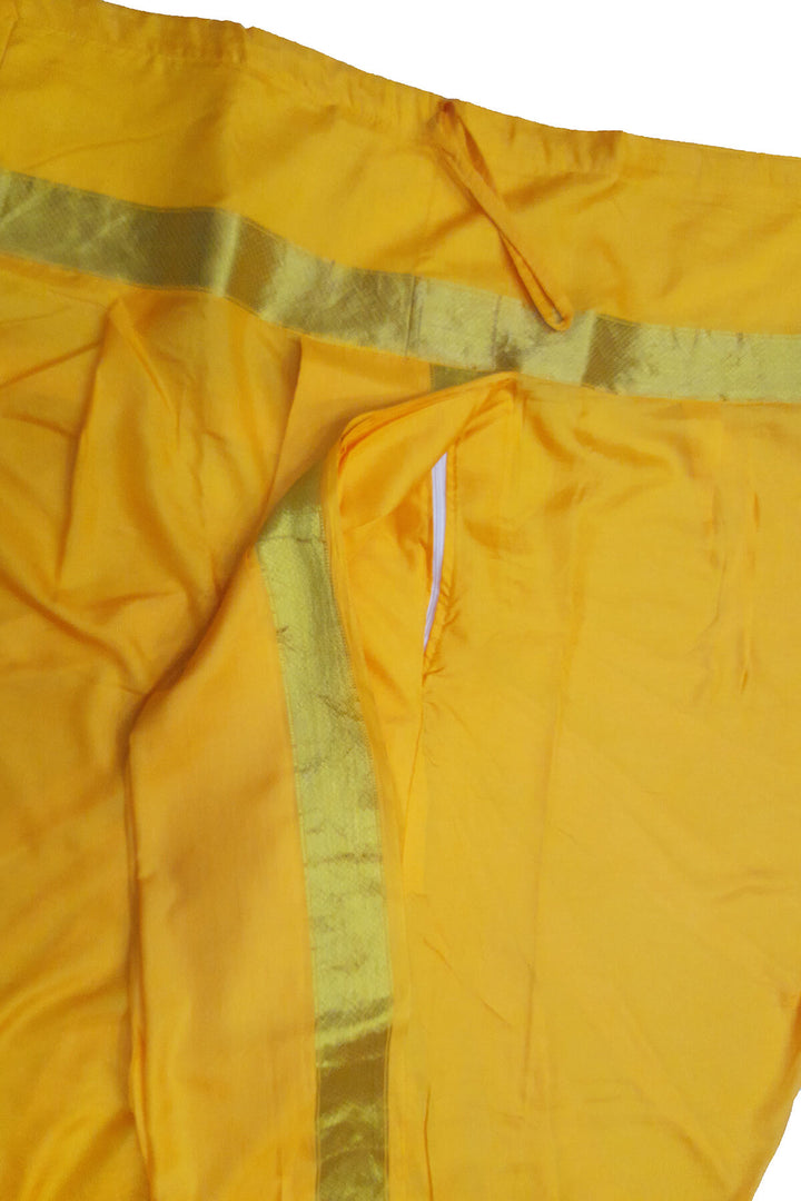 Ready to wear pure silk Dhoti/Panche  with Angavastram/Shelya  in yellow with  2 inch gold border