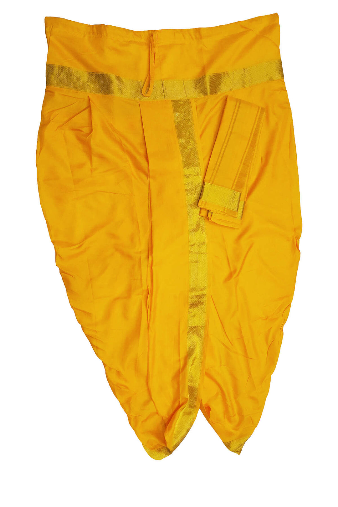 Ready to wear pure silk Dhoti/Panche  with Angavastram/Shelya  in yellow with  2 inch gold border