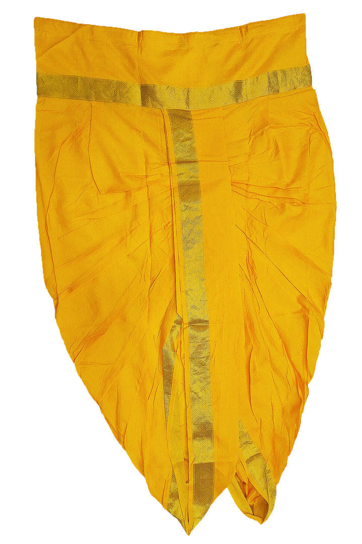 Ready to wear pure silk Dhoti/Panche  with Angavastram/Shelya  in yellow with  2 inch gold border