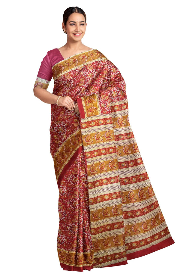 Priinted pure silk saree in maroon  in floral pattern