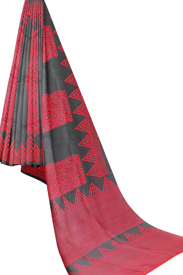 Printed pure silk saree in red & black with floral motifs , temple border and without blouse