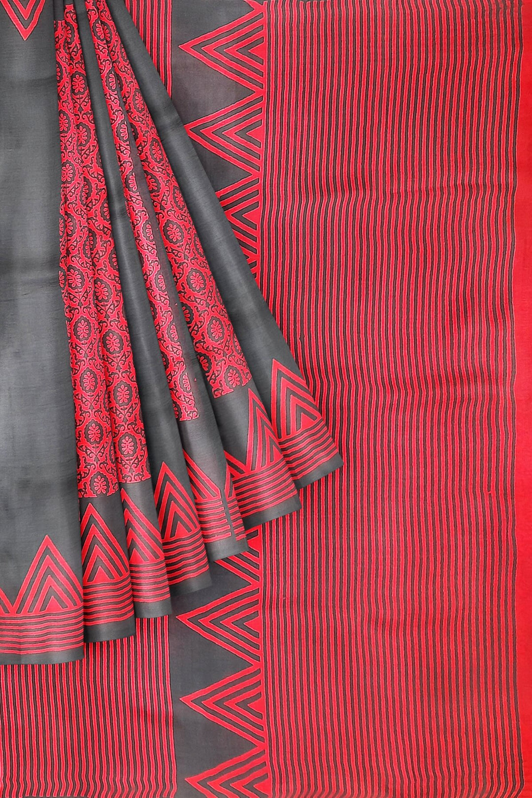 Printed pure silk saree in red & black with floral motifs , temple border and without blouse