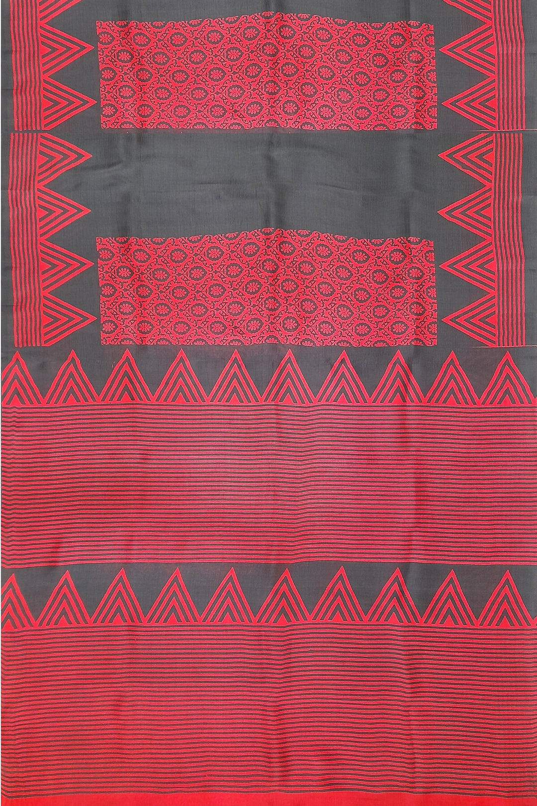 Printed pure silk saree in red & black with floral motifs , temple border and without blouse