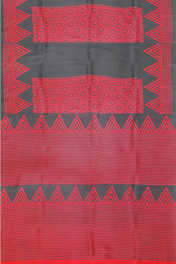 Printed pure silk saree in red & black with floral motifs , temple border and without blouse
