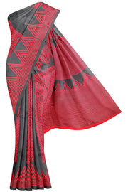 Printed pure silk saree in red & black with floral motifs , temple border and without blouse