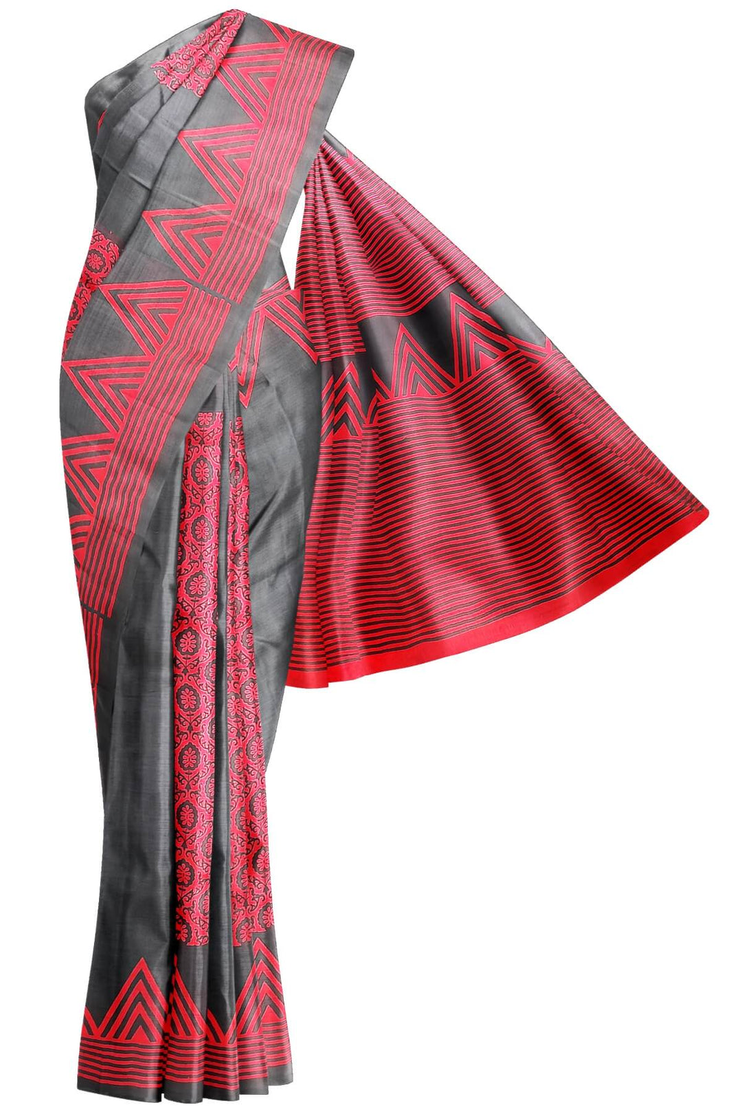 Printed pure silk saree in red & black with floral motifs , temple border and without blouse