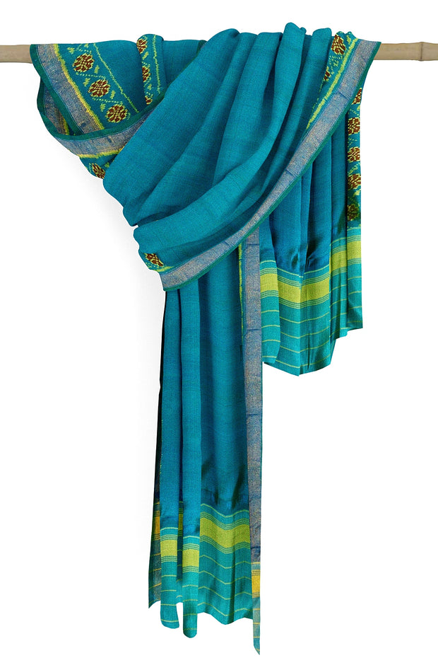 Handloom Patola pure silk dupatta in teal blue with floral pattern in borders