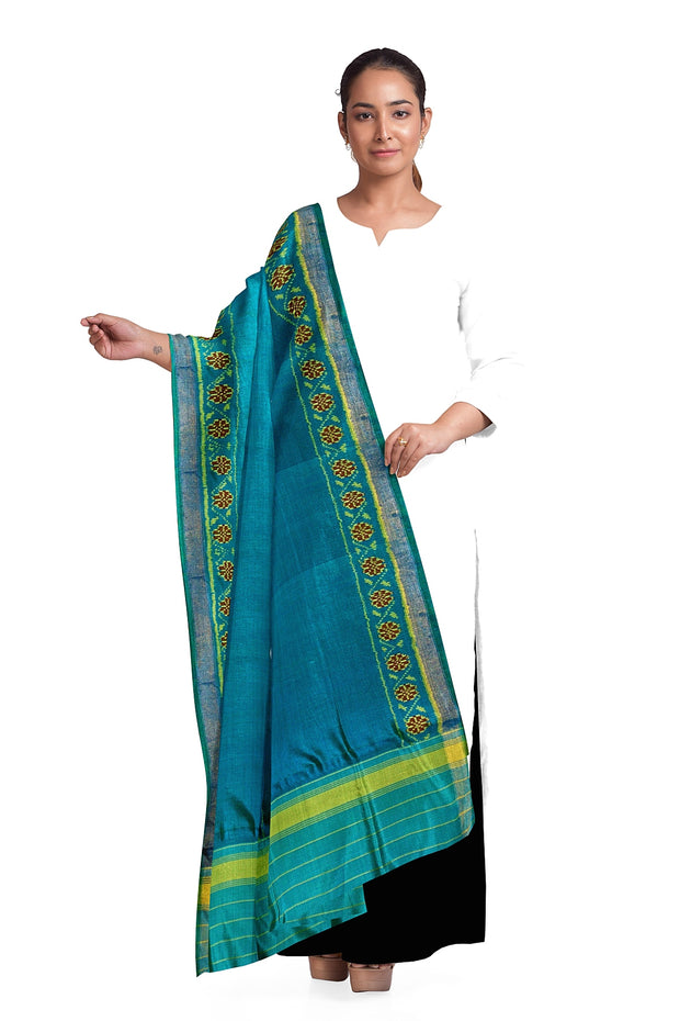 Handloom Patola pure silk dupatta in teal blue with floral pattern in borders