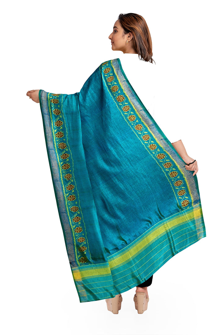 Handloom Patola pure silk dupatta in teal blue with floral pattern in borders