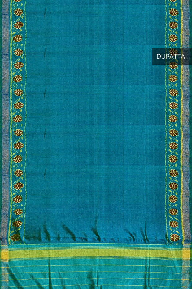 Handloom Patola pure silk dupatta in teal blue with floral pattern in borders