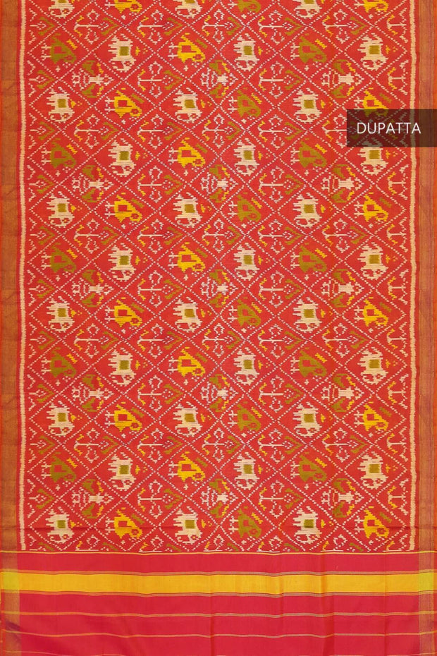 Handloom Patola pure silk dupatta in narikunj pattern in pinkish orange