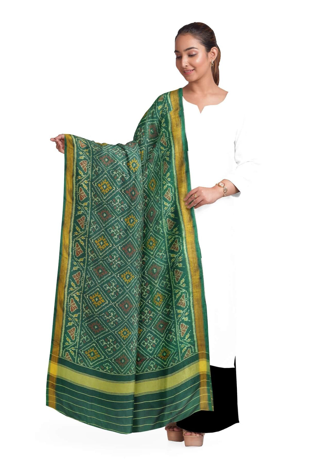 Handloom Patola pure silk dupatta in diamond pattern in green